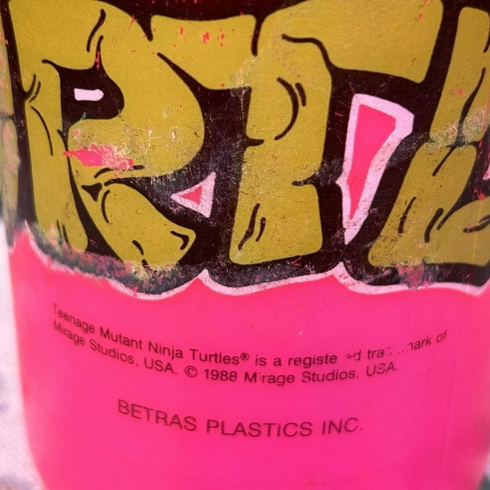 VTG 80s TMNT Teenage Mutant Ninja Turtles Water Bottle Straw Cap Pink Retro GLOW